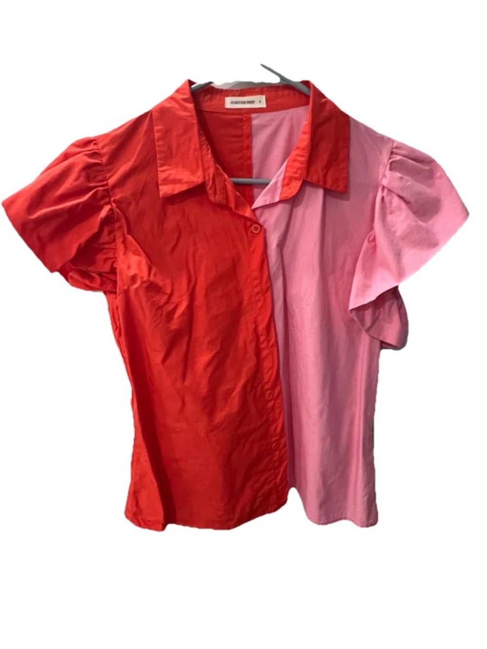 AndTheWhy Two-Tone Colorblock Red & Pink Puff Sleeve Button Shirt